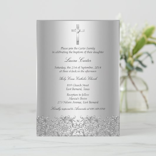 Elegante Silver Damask & Cross Baptism/Christening Einladung (Stehend Vorderseite)