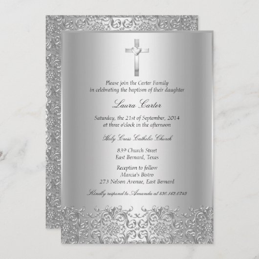 Elegante Silver Damask & Cross Baptism/Christening Einladung (Vorne/Hinten)