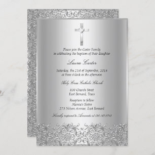 Elegante Silver Damask & Cross Baptism/Christening Einladung