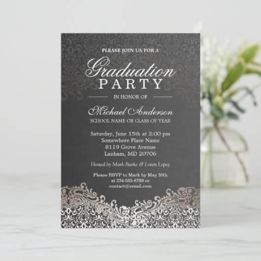 Elegante Silver Damask Grad Graduation Party Einladung (Stehend Vorderseite)