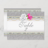 Elegante Silver Damask und rosa Rose Tischnummer (Vorne/Hinten)