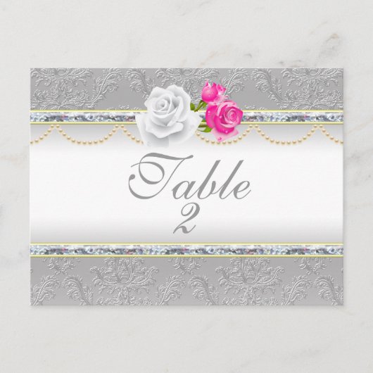 Elegante Silver Damask und rosa Rose Tischnummer (Vorderseite)