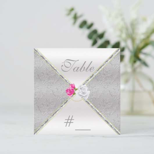 Elegante Silver Damask und rosa Rose Tischnummer (Stehend Vorderseite)