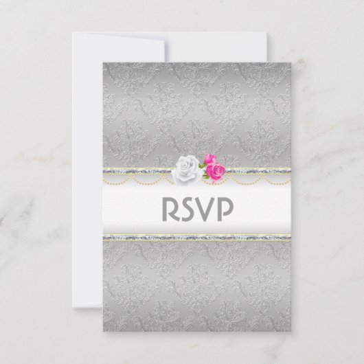 Elegante Silver Damask und rosa Rose UAWG RSVP Karte (Vorderseite)