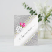 Elegante Silver Damask und rosa Rose Verlobung Ankündigung (Stehend Vorderseite)