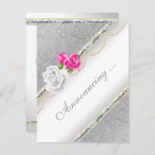 Elegante Silver Damask und rosa Rose Verlobung Ankündigung (Vorne/Hinten)