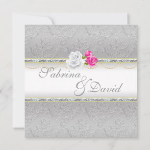 Elegante Silver Damask und rosa Rosenhochzeit Einladung