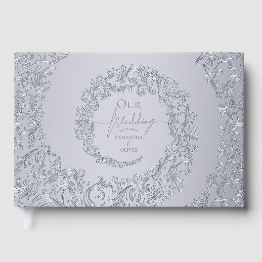 Elegante Silver Damask Wedding Gästebuch (Vorderseite)