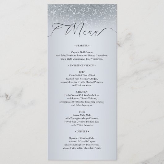Elegante Silver Damask Wedding Menu Card Menükarte (Vorderseite)