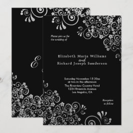Elegante Silver Floral Wirbel Black Wedding Einladung