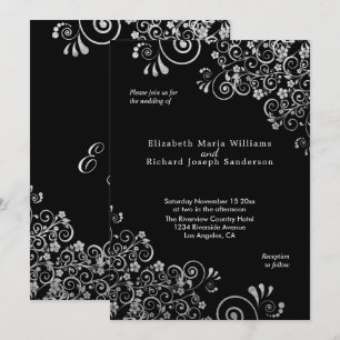 Elegante Silver Floral Wirbel Black Wedding Einladung
