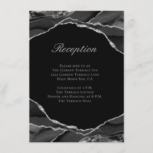 Elegante Silver Foil Black Agate Hochzeitsempfang Begleitkarte (Vorderseite)
