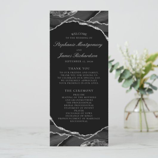 Elegante Silver Foil Black Agate Wedding Programm (Stehend Vorderseite)