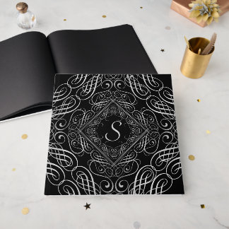 Elegante Silver Foil Look Filigree Scrollwork Schw Gästebuch