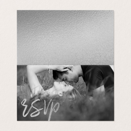Elegante Silver Foil Script Double Foto RSVP Card Visitenkarten (Außenseite Aufgefaltet)