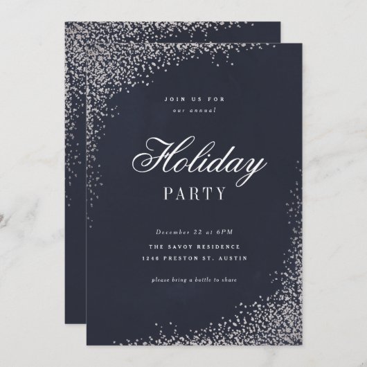 Elegante Silver Foil Script Holiday Party Einladung (Vorne/Hinten)