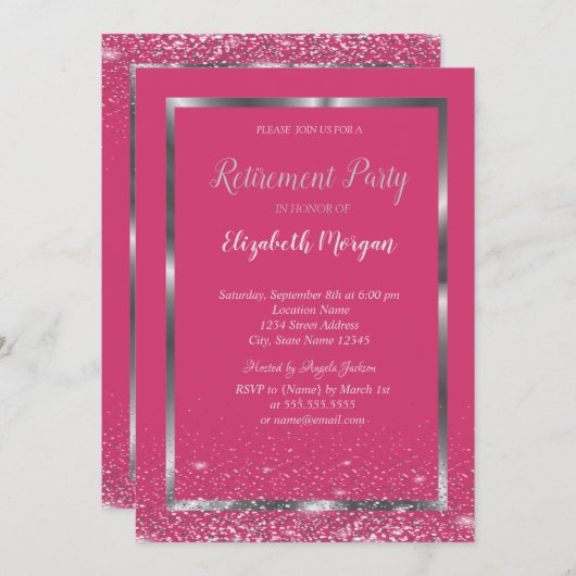 Elegante Silver Frame Confetti Rosa Pensionierung Einladung (Vorne/Hinten)