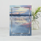 Elegante Silver Frame Navy Yacht Sunset Retirement Einladung (Stehend Vorderseite)