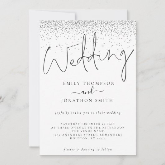 Elegante Silver Glitzer Border Script Wedding Einladung (Vorderseite)