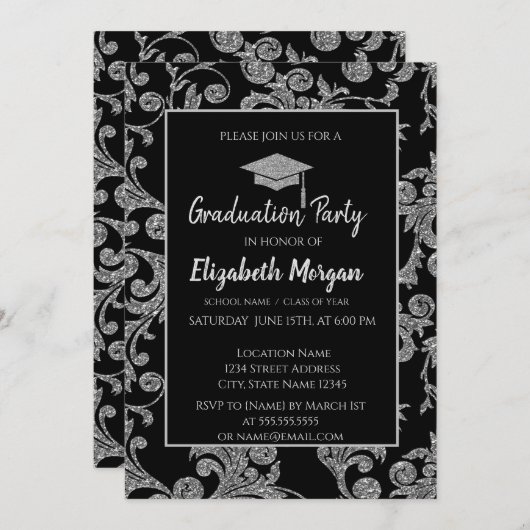 Elegante Silver Glitzer Graduation Cap, Wirbel Einladung (Vorne/Hinten)