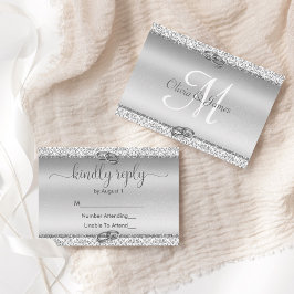 Elegante Silver Glitzer Monogram Wedding RSVP Karte