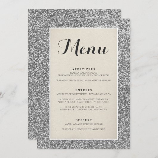 Elegante Silver Glitzer Wedding Menu Card Menükarte (Vorne/Hinten)