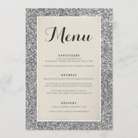 Elegante Silver Glitzer Wedding Menu Card Menükarte (Vorderseite)