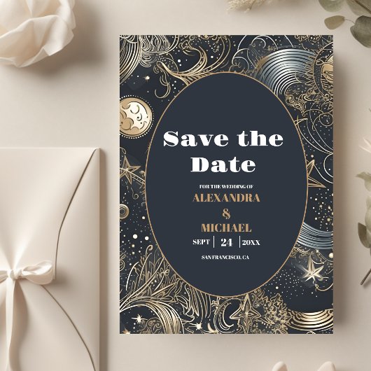 Elegante Silver Gold Celestial Wedding Save The Date