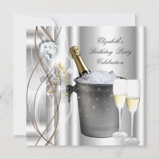 Elegante Silver Gold Champagne Geburtstagsparty Einladung (Vorderseite)