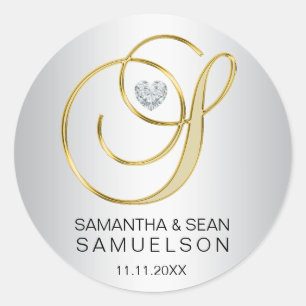 Elegante Silver Gold Letter 'S' Mit Monogramm Wedd Runder Aufkleber