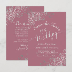 Elegante Silver Gray Curls Dusty Rose Pink Wedding Save The Date