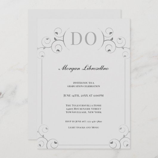 Elegante Silver Gray DO Graduation Party Einladung (Vorne/Hinten)