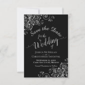 Elegante Silver Gray Frills auf Black Glam Wedding Save The Date (Vorderseite)