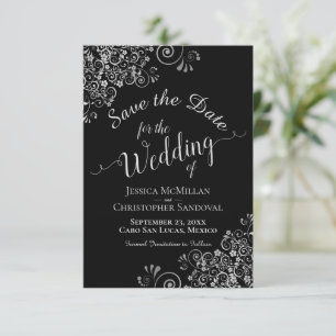 Elegante Silver Gray Frills auf Black Glam Wedding Save The Date
