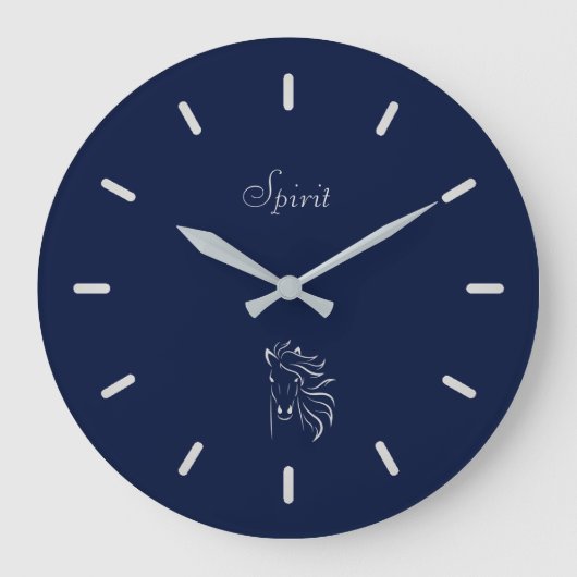 Elegante Silver Gray Horse Silhouette auf Navy Blu Große Wanduhr (Vorderseite)