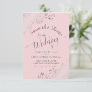 Elegante Silver Gray Lace auf Blush Pink Wedding Save The Date