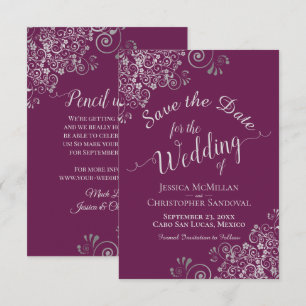 Elegante Silver Gray Lace Cassis Lila Hochzeit Save The Date