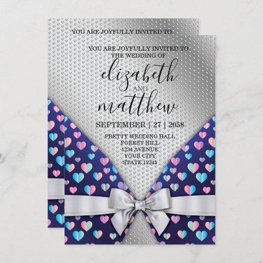 Elegante Silver Invitation Bow und Herz-Speckles Einladung (Vorne/Hinten)