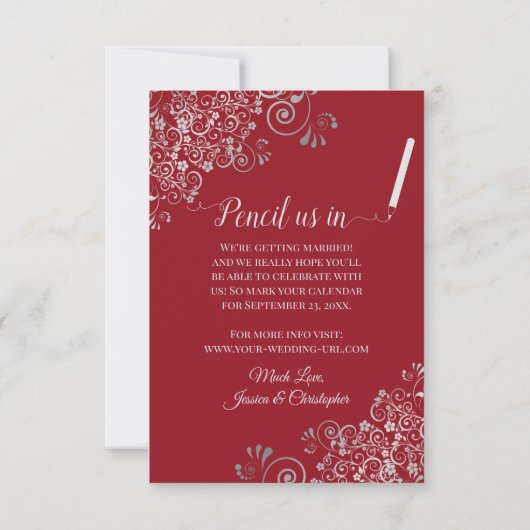 Elegante Silver Lace auf Crimson Red Foto Wedding Save The Date (Rückseite)