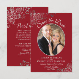 Elegante Silver Lace auf Crimson Red Foto Wedding Save The Date