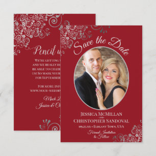Elegante Silver Lace auf Crimson Red Foto Wedding Save The Date
