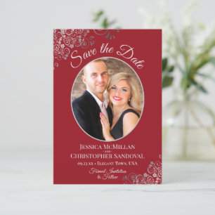 Elegante Silver Lace auf Crimson Red Foto Wedding Save The Date