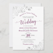 Elegante Silver Lace & Cassis Formal White Wedding Einladung (Vorderseite)