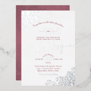 Elegante Silver Lace & Dusty Rose auf White Weddin Folieneinladung