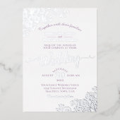 Elegante Silver Lace & Lavender auf der White Wedd Folieneinladung (Vorderseite)
