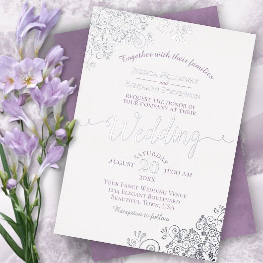 Elegante Silver Lace & Lavender auf der White Wedd Folieneinladung