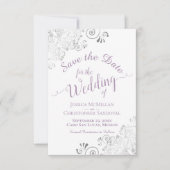 Elegante Silver Lace Lavender & White Wedding Save The Date (Vorderseite)