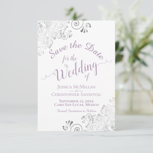 Elegante Silver Lace Lavender & White Wedding Save The Date (Stehend Vorderseite)