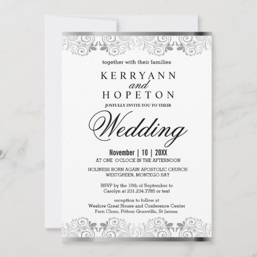 Elegante Silver Lace Wedding  Einladung (Vorderseite)