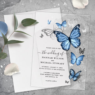 Elegante Silver Light Baby Blue Butterfly Wedding Acryleinladungen